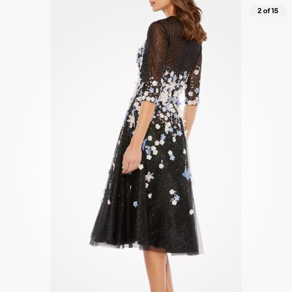 Mac Duggal Floral Appliqué Midi Cocktail Dress Size 6 Mesh romantic Edgy Lined - Picture 2 of 14